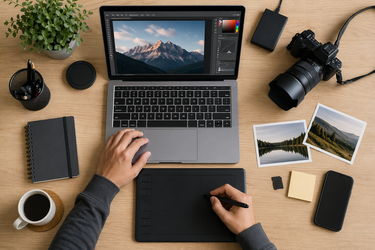 一人工作桌俯拍：电脑、绘图板、咖啡