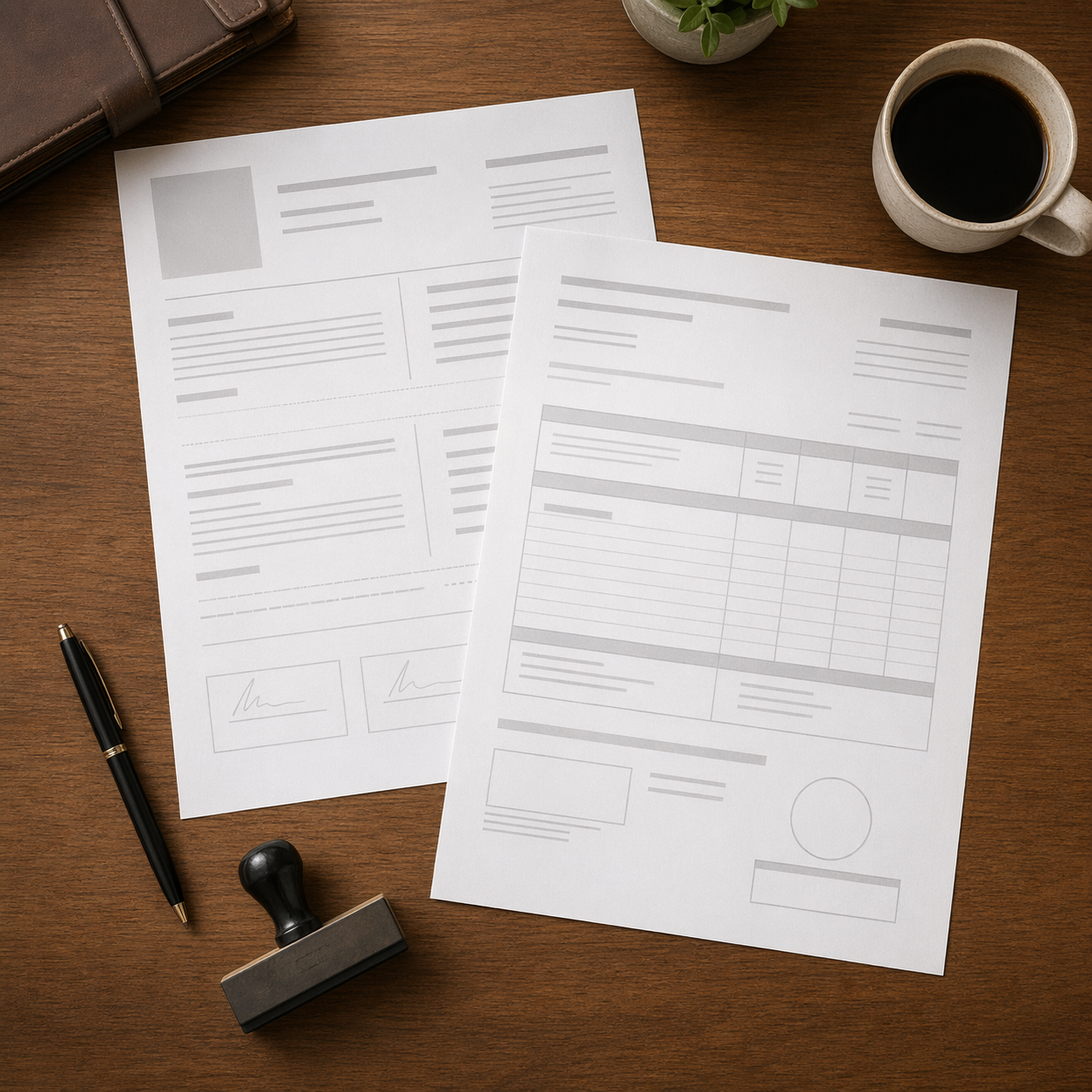 桌面上摊开的合同文件和发票样本，俯拍示意