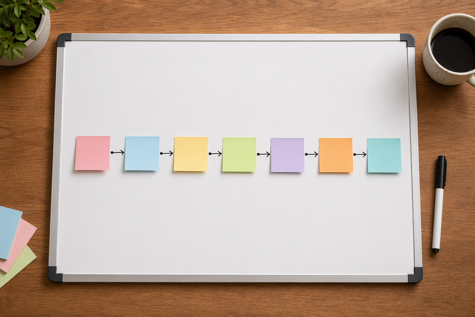 白板上 7 个节点接单时间线示意：从初步沟通到交付的流程图