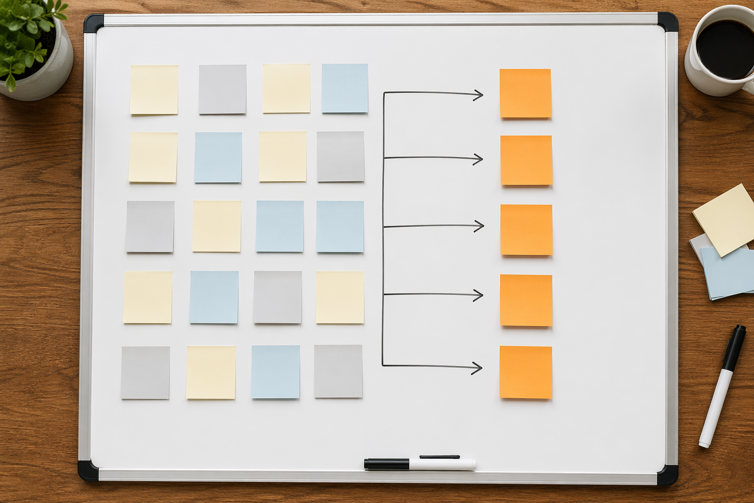 修图工作室白板俯拍：左侧按张计费便签，右侧按价值计费便签，中间箭头连接两种模式