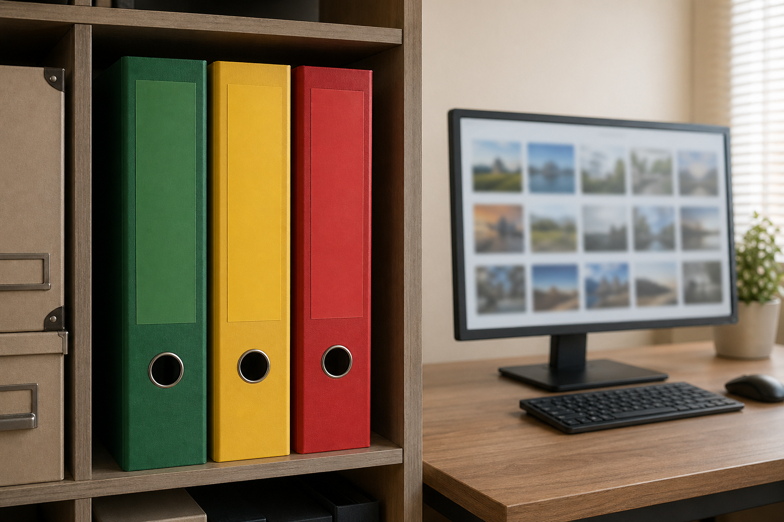 办公室档案架上整齐摆放绿黄红三个不同颜色的文件夹分别代表 ABC 三档，旁边一台显示模糊缩略图的电脑屏幕