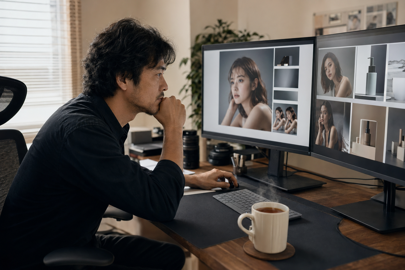 一位修图总监在双显示器前长时间审图的工作场景，桌面有热茶，自然办公室光线，神情专注但有疲态