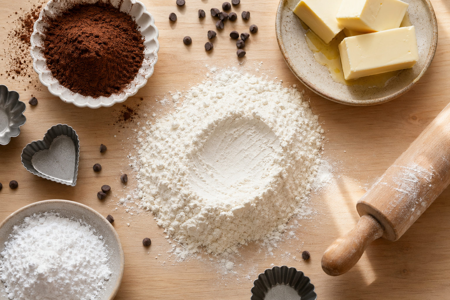 浅木桌平铺面粉、可可粉、糖粉、黄油块、巧克力豆、烘焙模具与擀面杖，自然光从右上斜入，颗粒感清晰