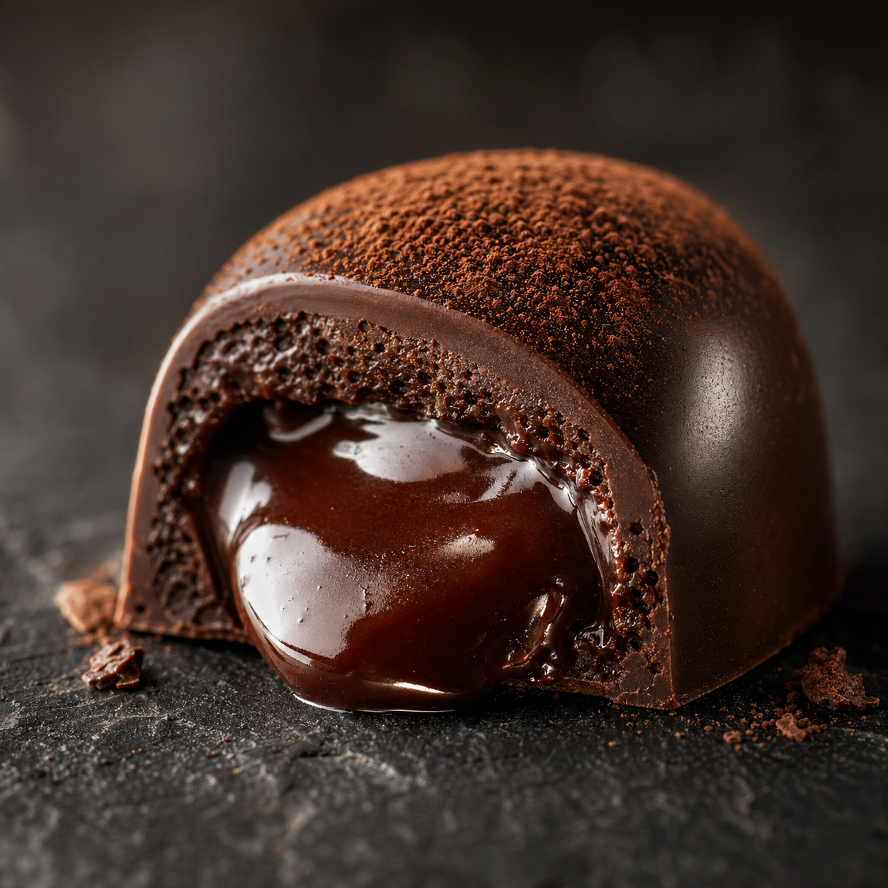 深色石板背景手工巧克力切面特写，可见流心层次与可可粉表面，侧逆光高光弧线