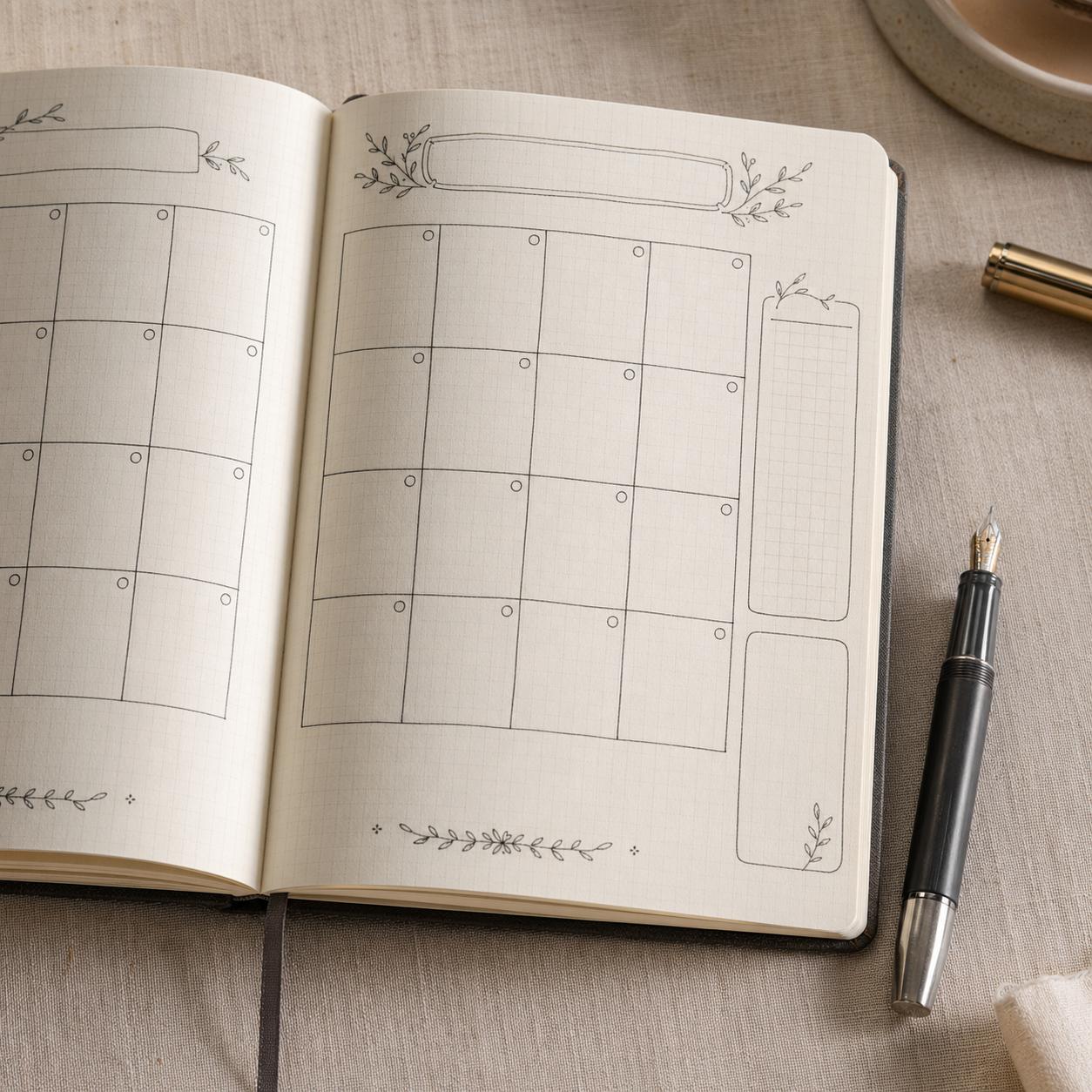 子弹笔记内页跨页平铺：米黄道林纸双页摊开、淡褐色点阵、淡棕色装帧线侧露、左页标题色块、右页贴纸点缀、自然顶光柔光箱布光