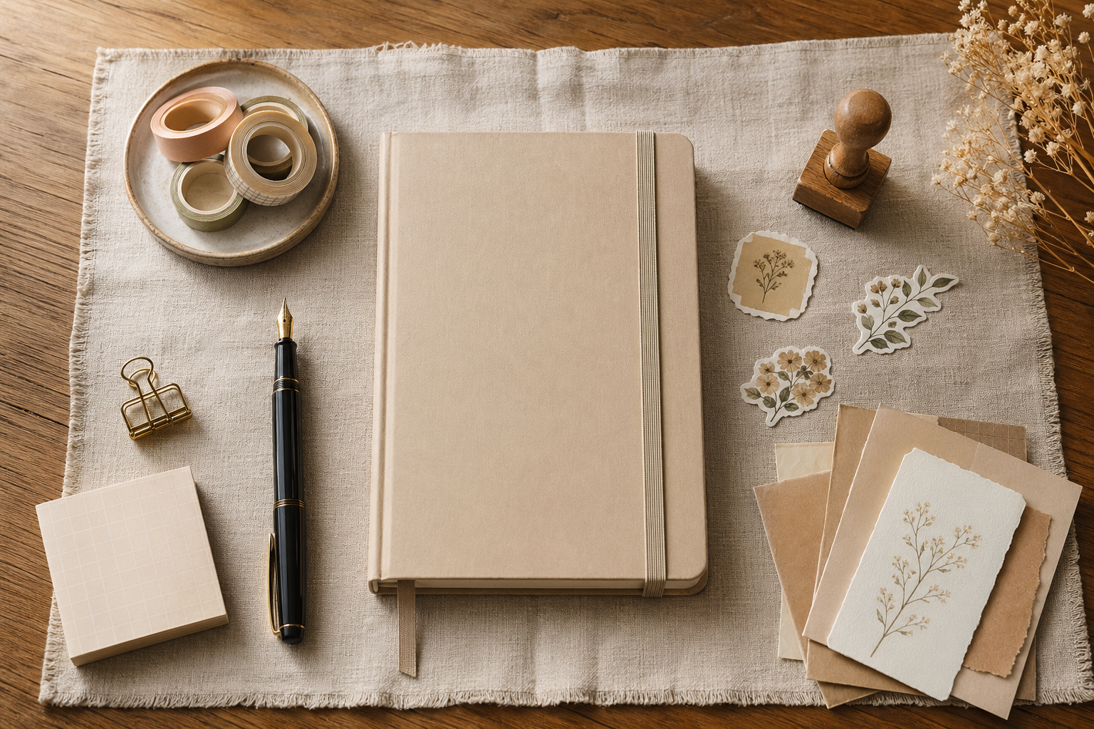 暖光木桌平铺的手账文具合集主图：皮面手账本、米黄内页 planner、彩色纸胶带卷、贴纸贴纸册、钢笔与黑色礼盒在亚麻桌布上的博物馆式陈列