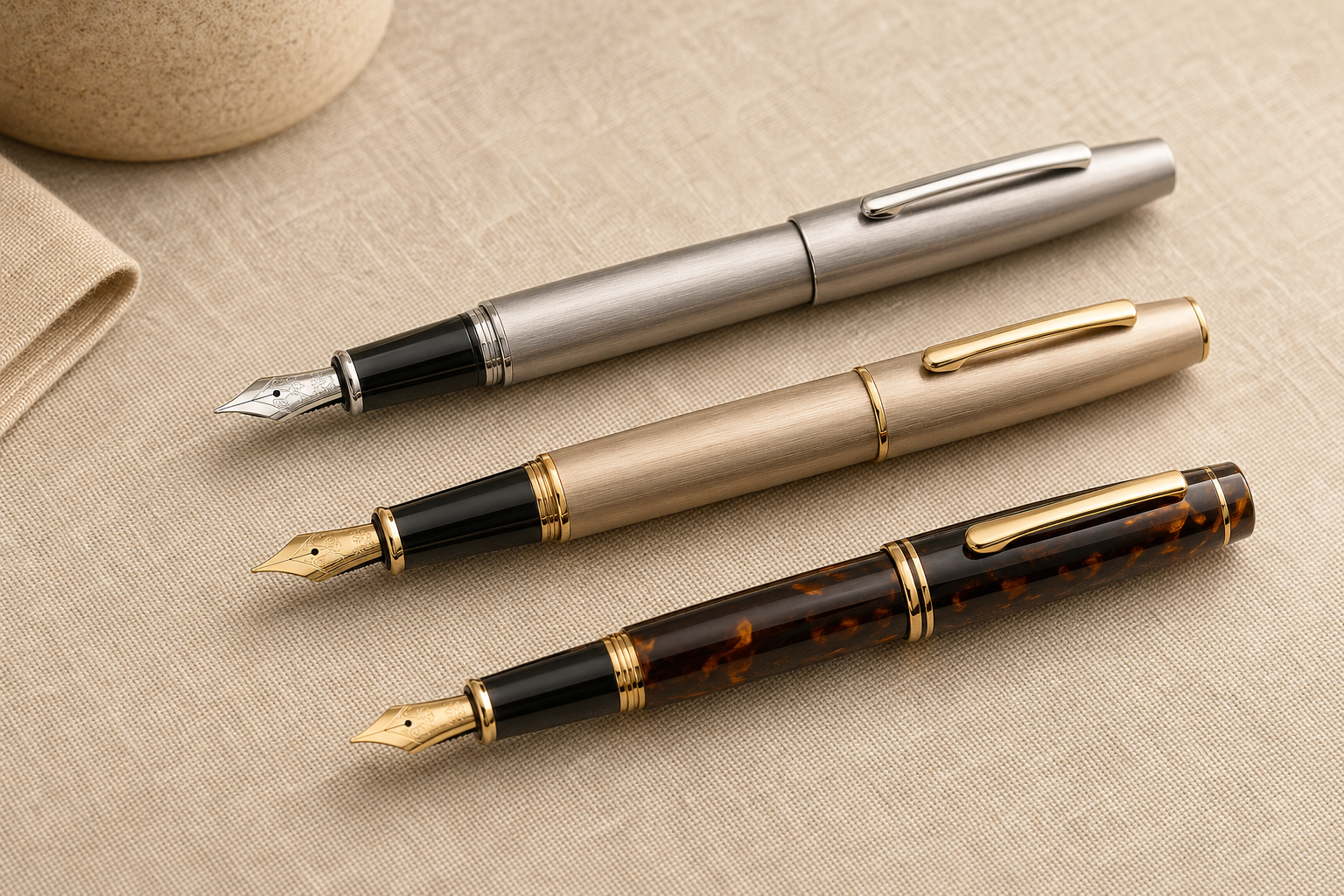 五支钢笔在米色亚麻背景上的合集陈列：黑树脂 + 金尖、深蓝树脂 + 钢尖、酒红树脂 + 金尖、墨绿树脂 + 钢尖、咖啡色树脂 + 金尖，右侧黑色礼盒，自然顶光配左前 45 度补光