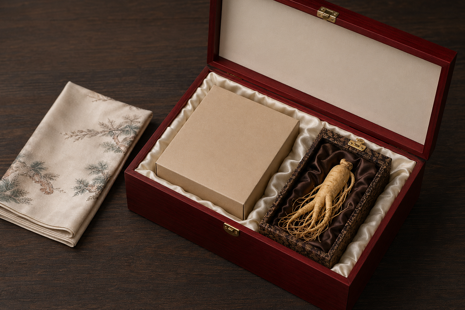 深红色实木滋补品礼盒打开状态：内衬米白丝绸，盒内整齐摆放素净纸盒燕窝礼盒与独立锦盒装人参，深色木桌背景