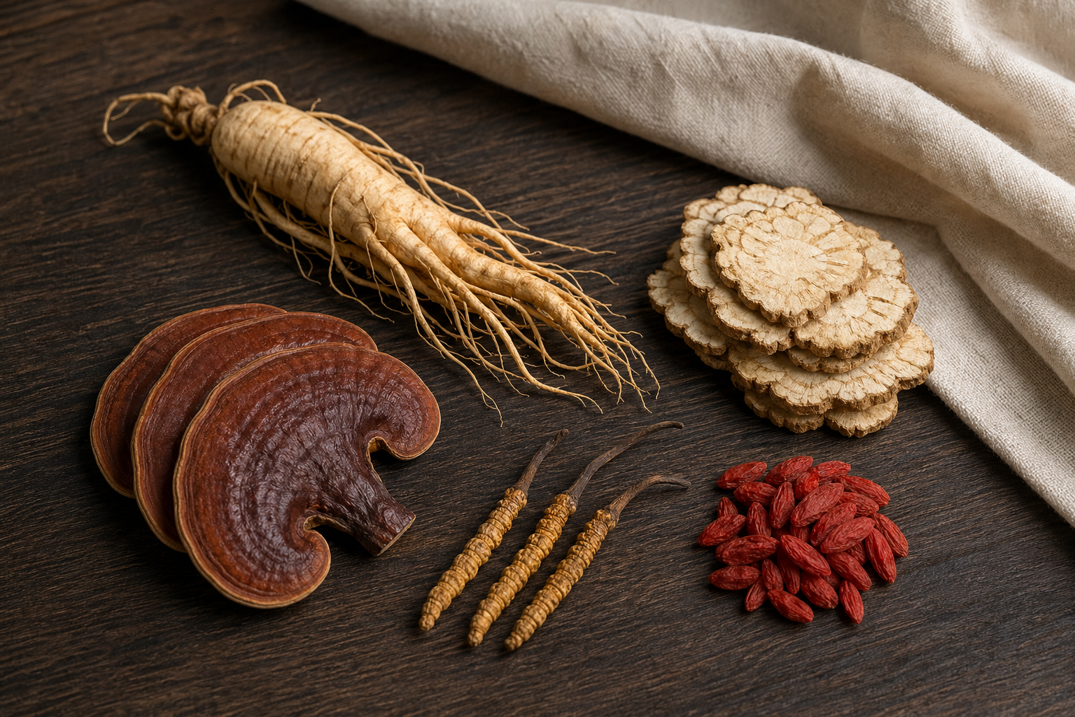 中医药材合集主图：人参、当归切片、灵芝片、虫草、枸杞在深色实木桌面与米白棉麻衬布上的电商主图陈列