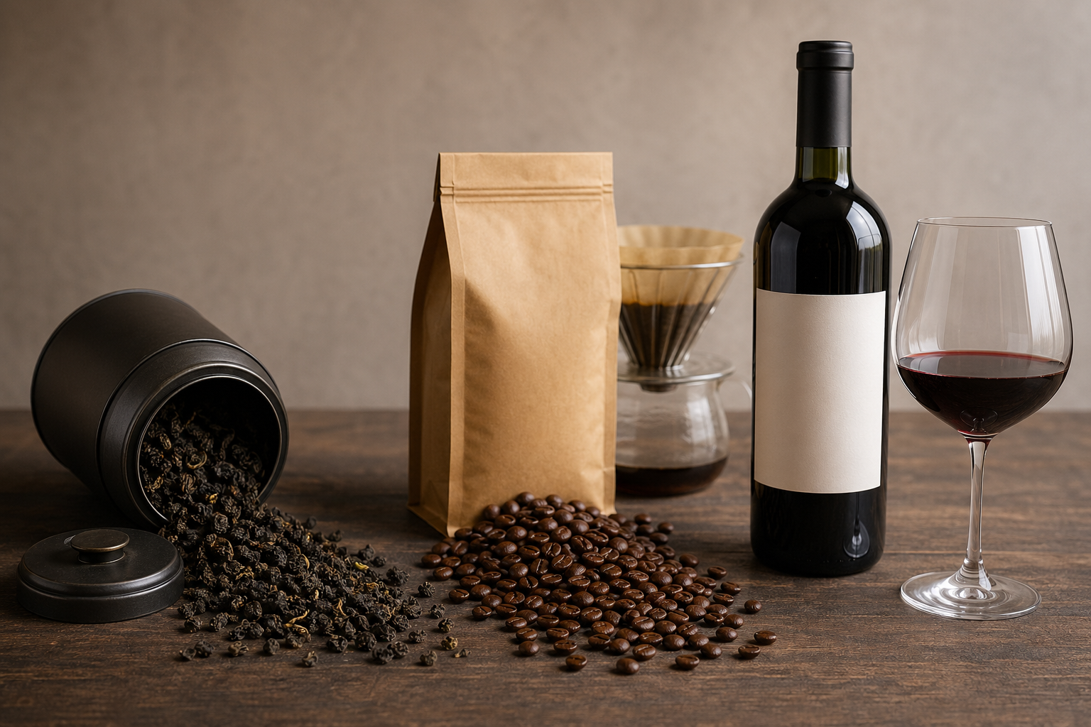 深色木桌上散装茶叶、深烘咖啡豆、红酒瓶与高脚杯三类电商主图集合，侧上方柔和散射光，电商主图克制风格