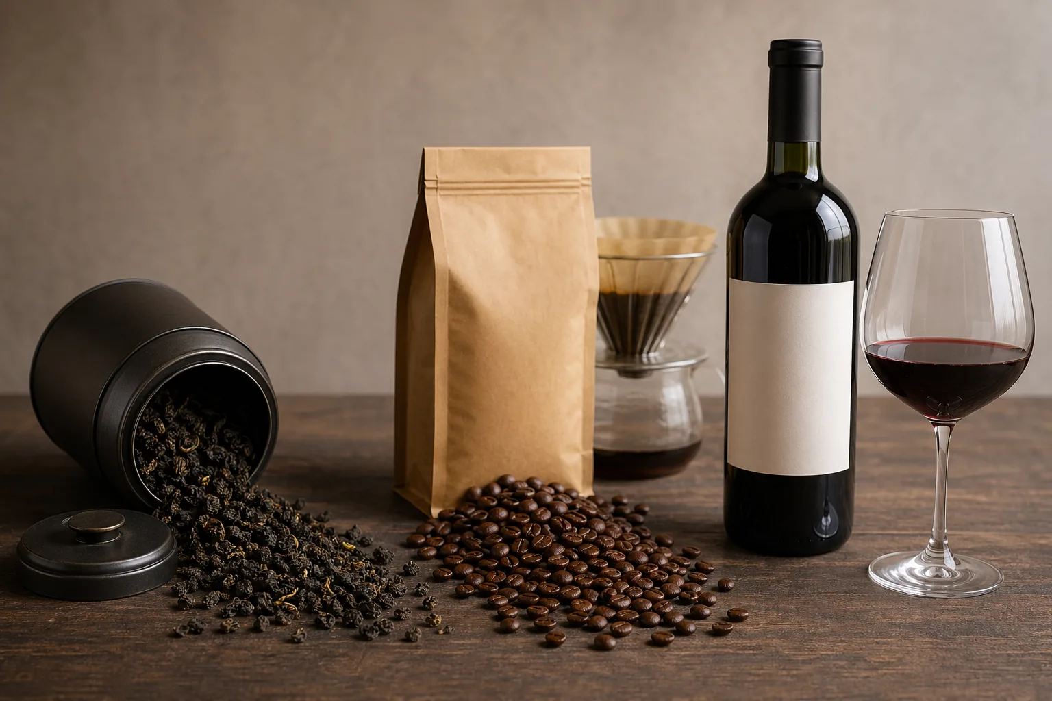 深色木桌上散装茶叶、深烘咖啡豆、红酒瓶与高脚杯三类电商主图集合，侧上方柔和散射光，电商主图克制风格
