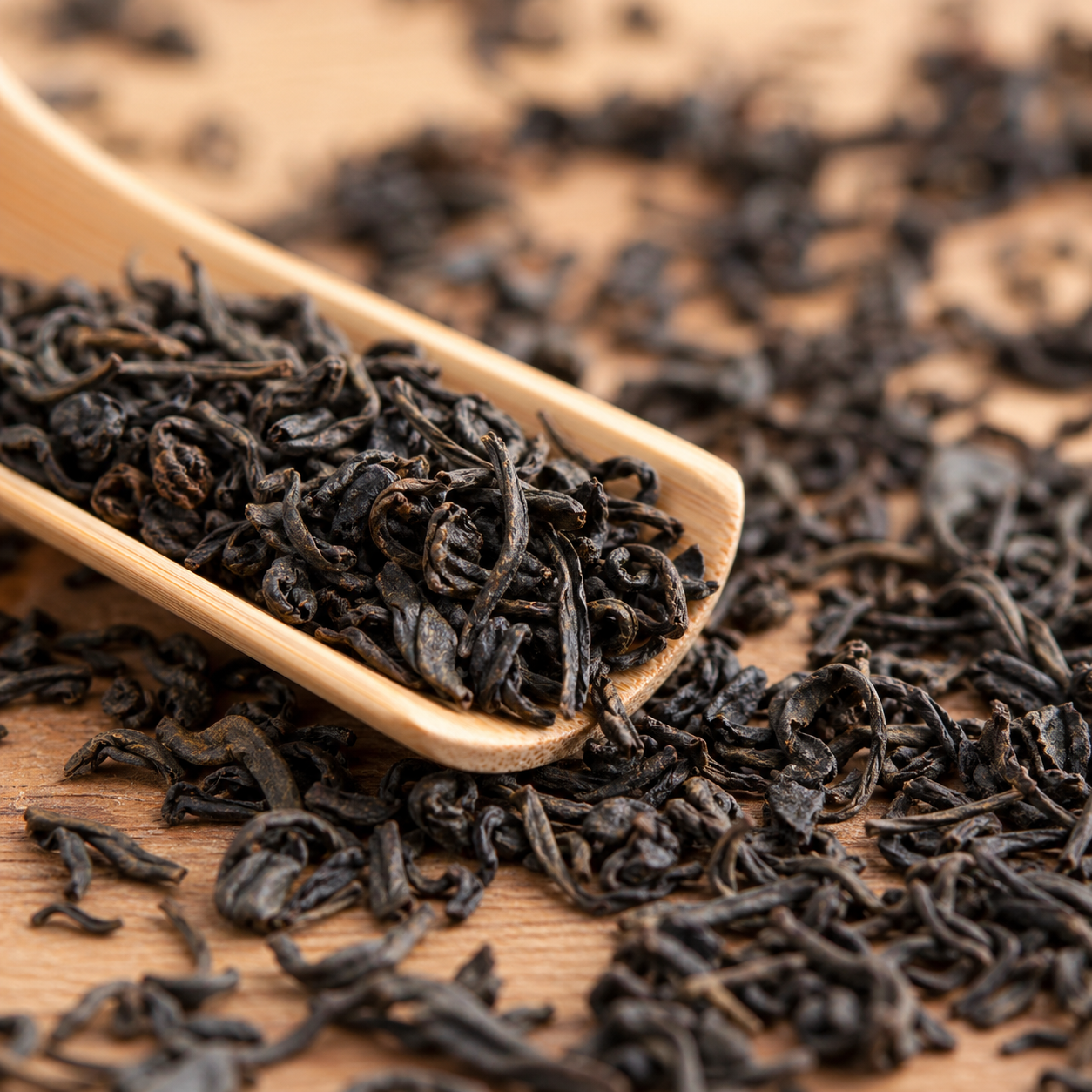 浅米色背景上散装颗粒茶叶特写，竹制茶则盛着茶叶，单粒茶的卷曲纹理与油光清晰可见