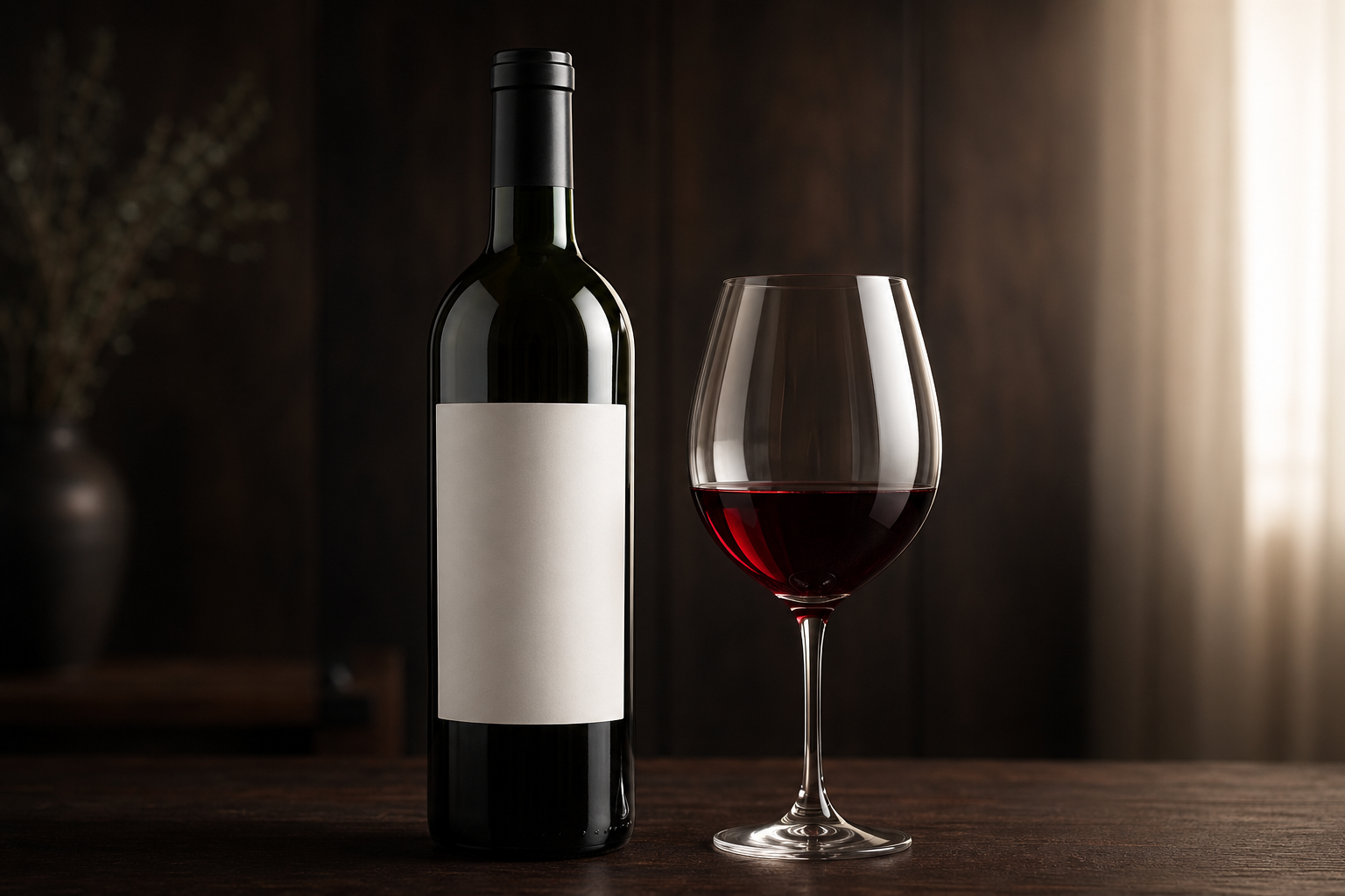 深色背景下红酒瓶与高脚杯特写，侧逆光下瓶身高光与杯中宝石红酒液透光清晰，背景虚化