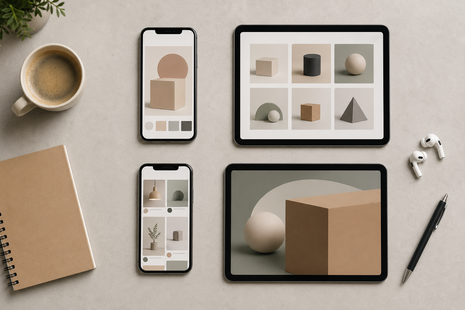 桌面俯拍 hero 图：4 个设备分别显示主图位、详情页缩略图、种草 feed、横版海报，代表 5 类电商图片渠道