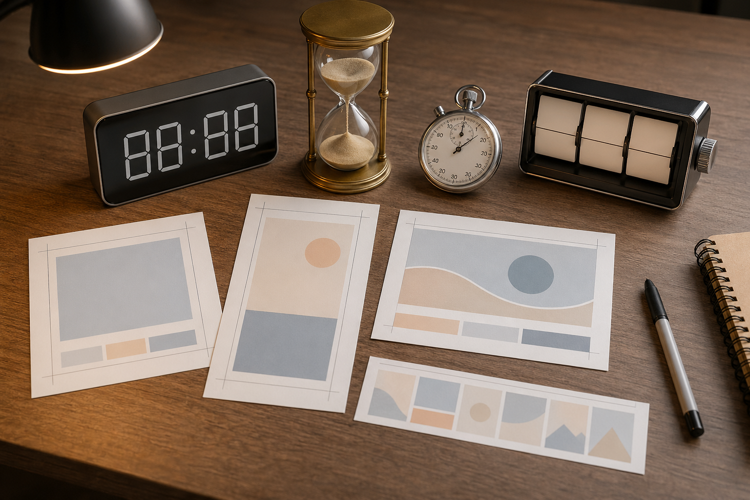 桌面俯拍：电子时钟、沙漏、机械秒表与不同比例的纸样组合，代表多渠道图片的工时管理