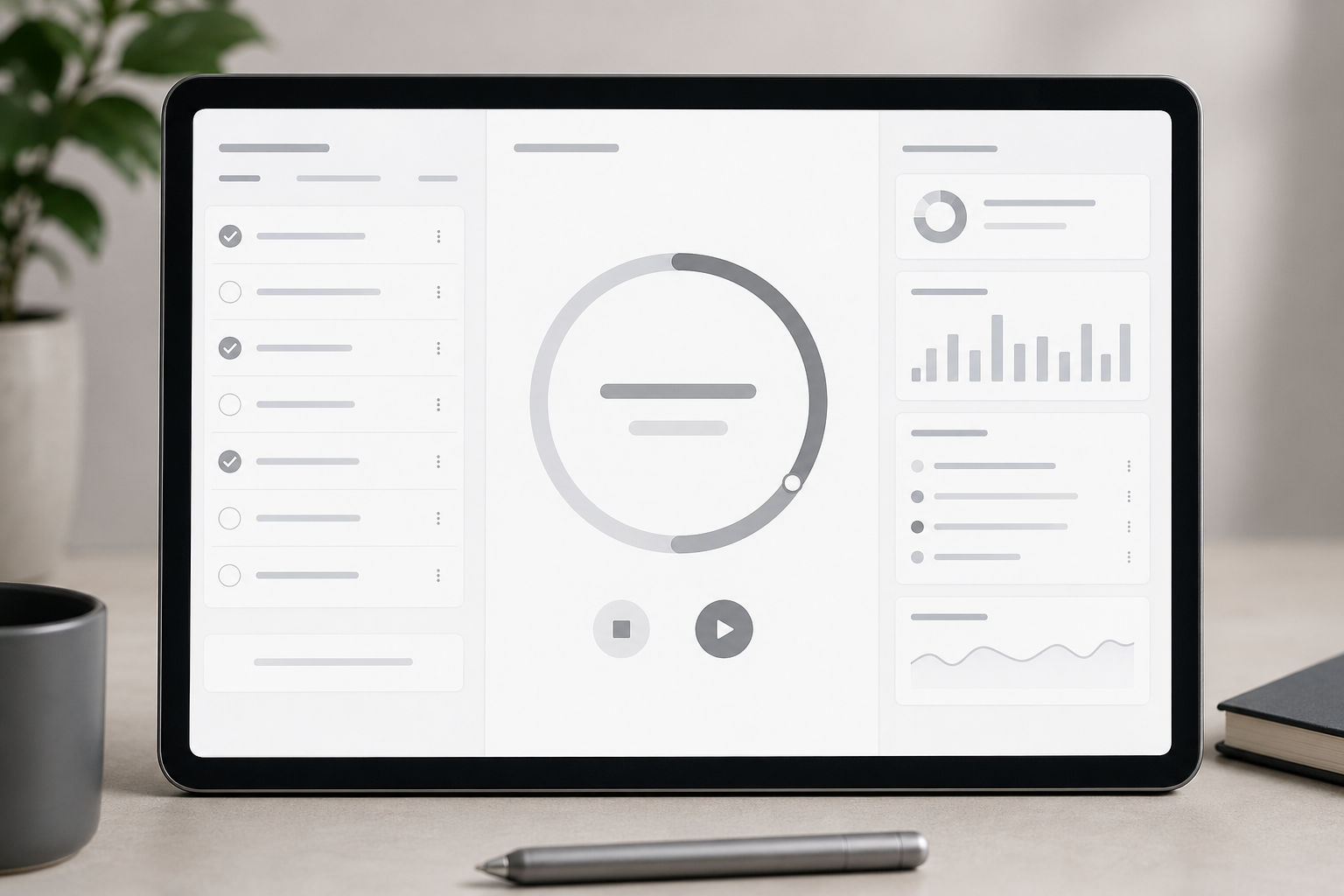 自动化工时统计工具界面 mockup：左侧任务清单，中部计时器，右侧日报汇总