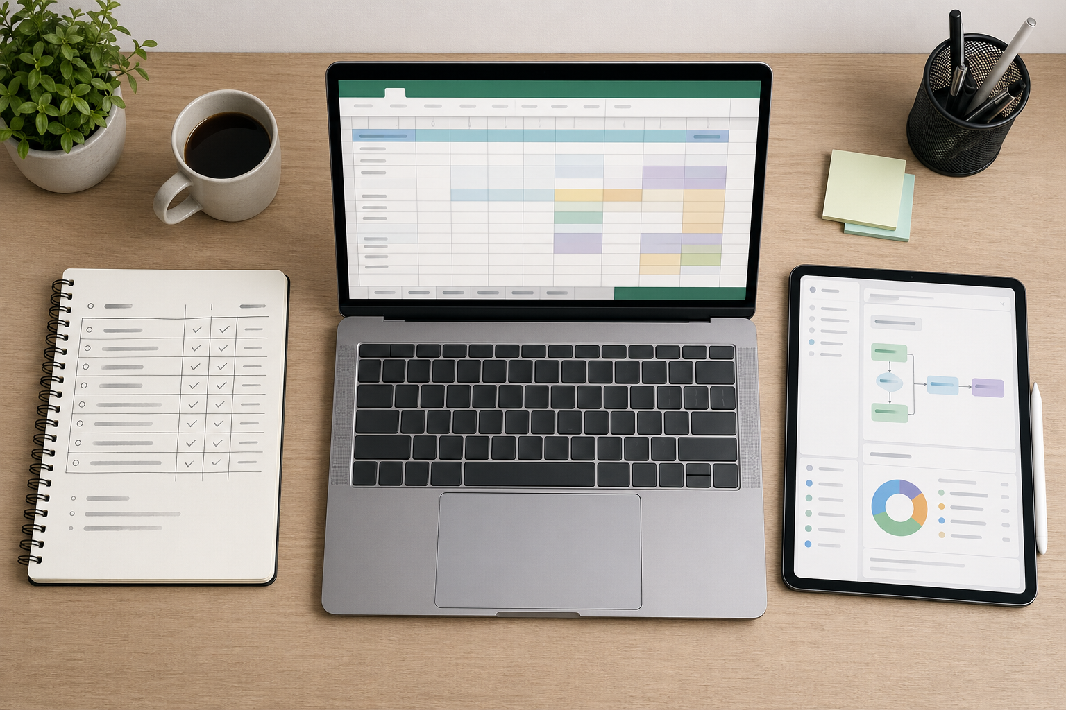 桌面俯拍：纸质本、Excel 屏幕、自动化工具屏幕三种工时统计方案的对比