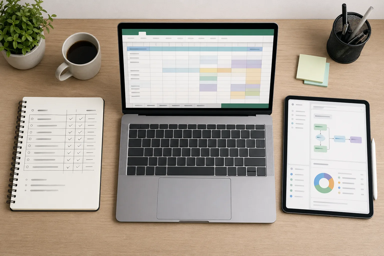 桌面俯拍：纸质本、Excel 屏幕、自动化工具屏幕三种工时统计方案的对比