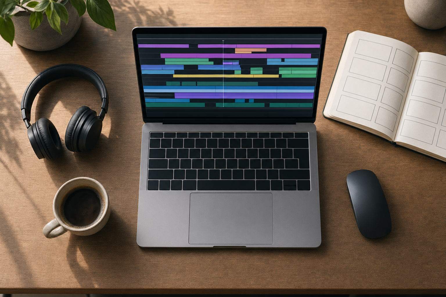 俯拍剪辑桌面：笔记本屏幕上的多色块时间线、耳机、咖啡和手绘分镜本