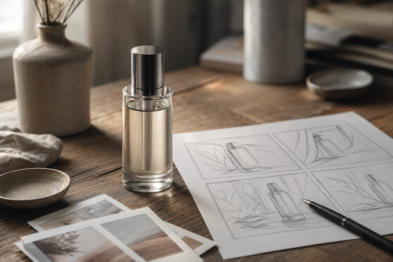 工作台上的静态产品主图与手绘分镜板并排摆放