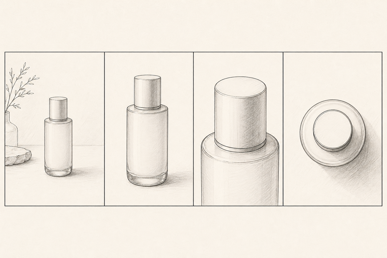 4 格分镜插画并列摆放，分别是不同景别的同一产品