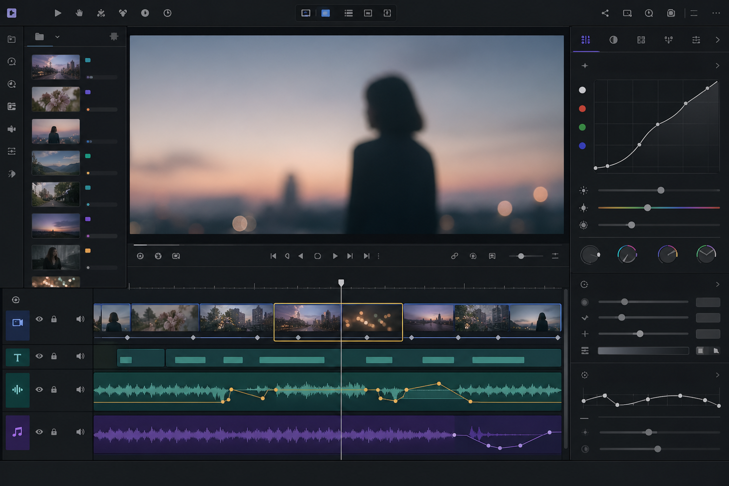 深色剪辑软件界面的多轨道时间线，包含视频、音频、字幕和配乐轨