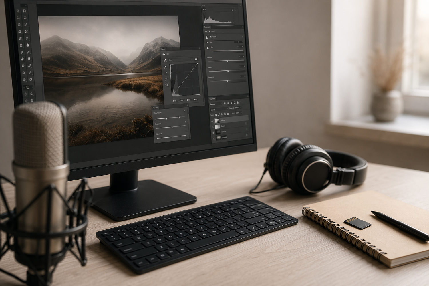 桌面录屏工作站静物特写：显示器、电容麦克风、监听耳机和键盘