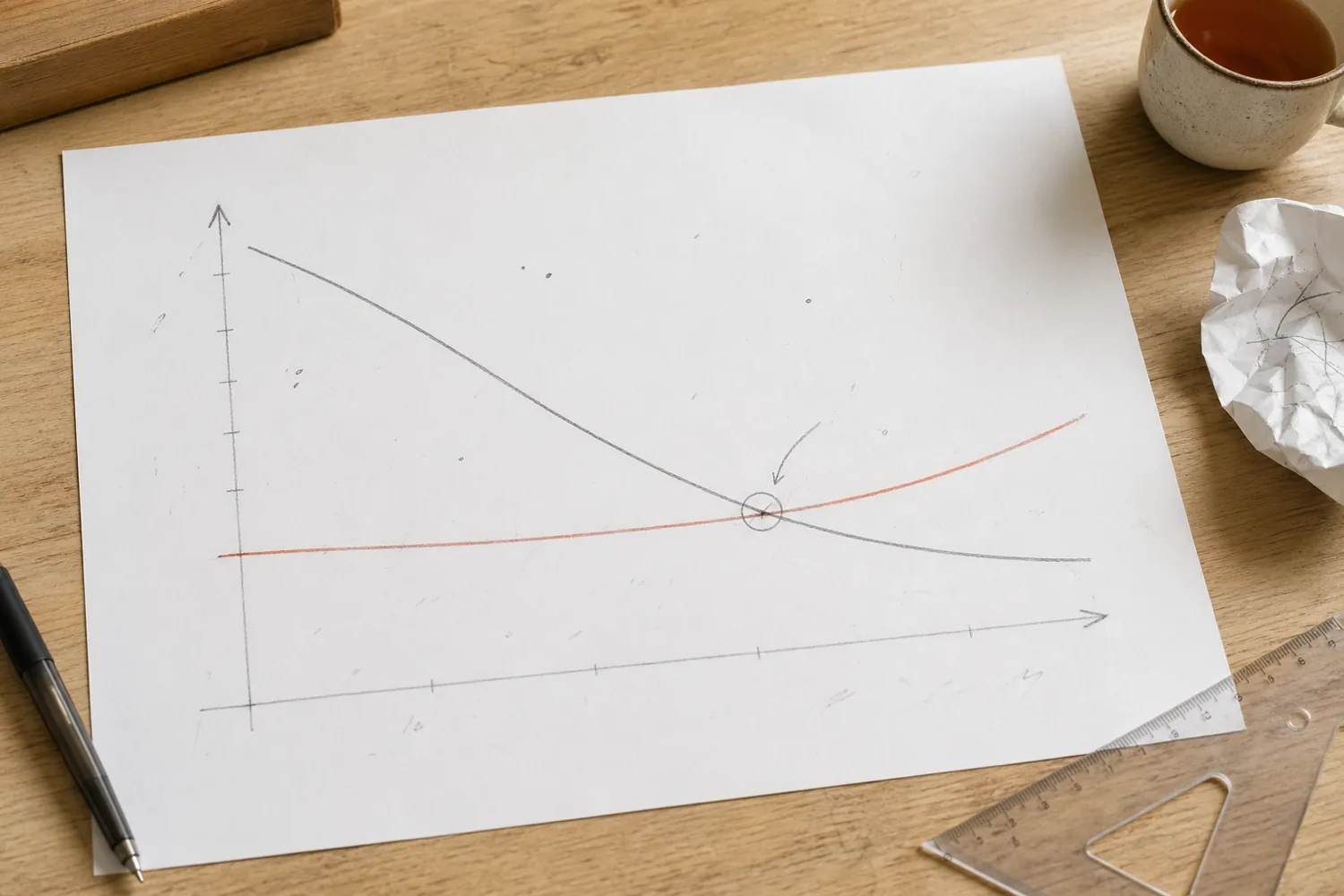 桌面俯拍：白纸上手绘两条曲线，一条下降一条上扬，在画面右侧交叉，桌面散落三角板和茶杯