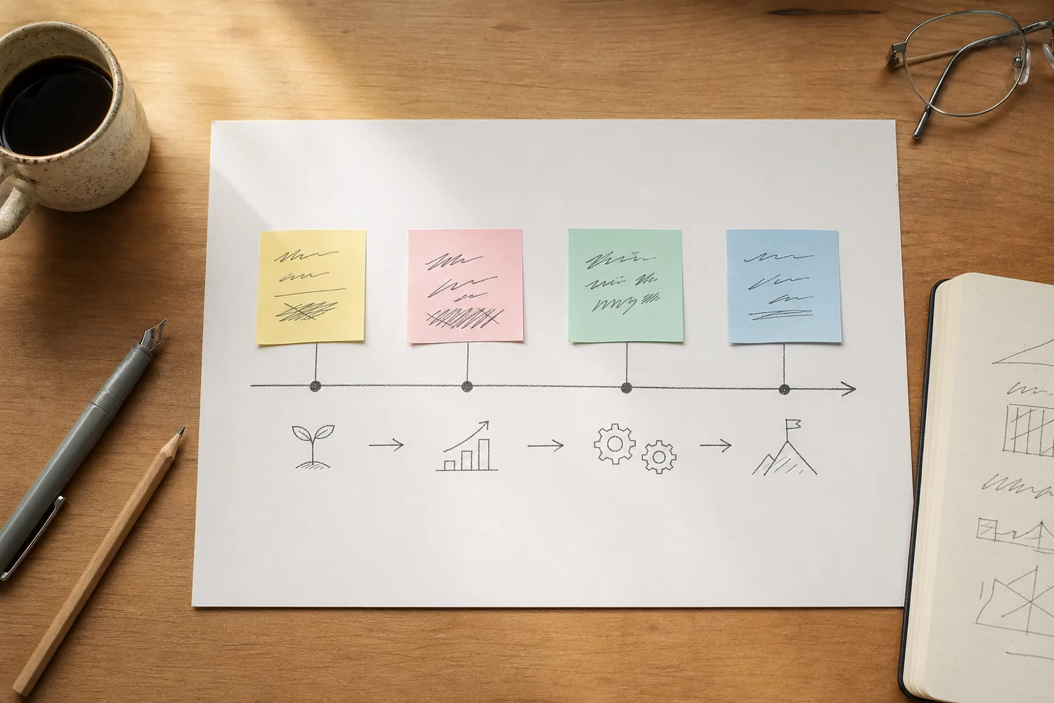 桌面俯拍：白纸上手绘 4 个节点的时间推演，便利贴标注节点，桌面散落咖啡、钢笔、笔记本