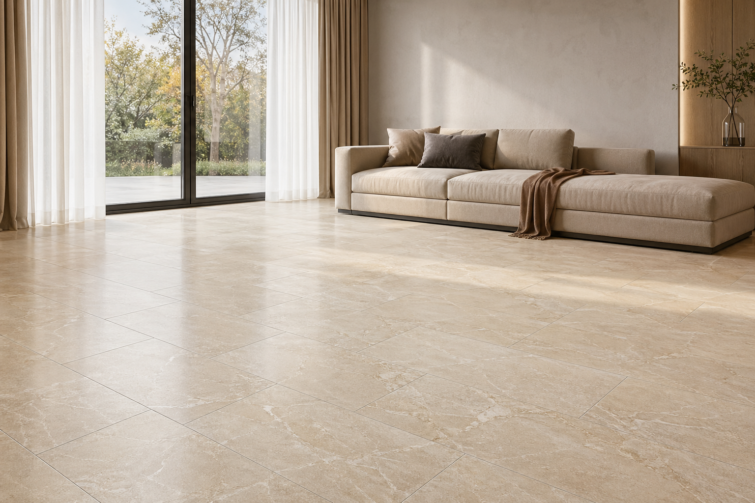 一间真实客厅铺设米色大理石纹瓷砖工字铺，落地窗自然光