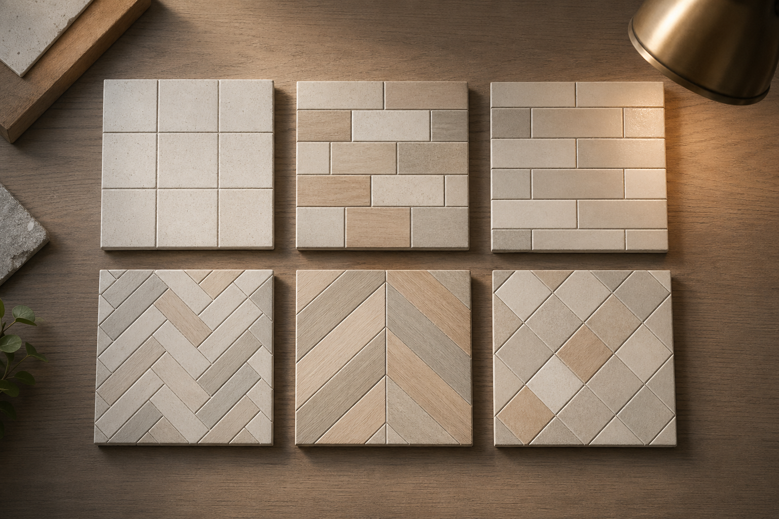 六块小尺寸瓷砖样片俯拍铺法对比