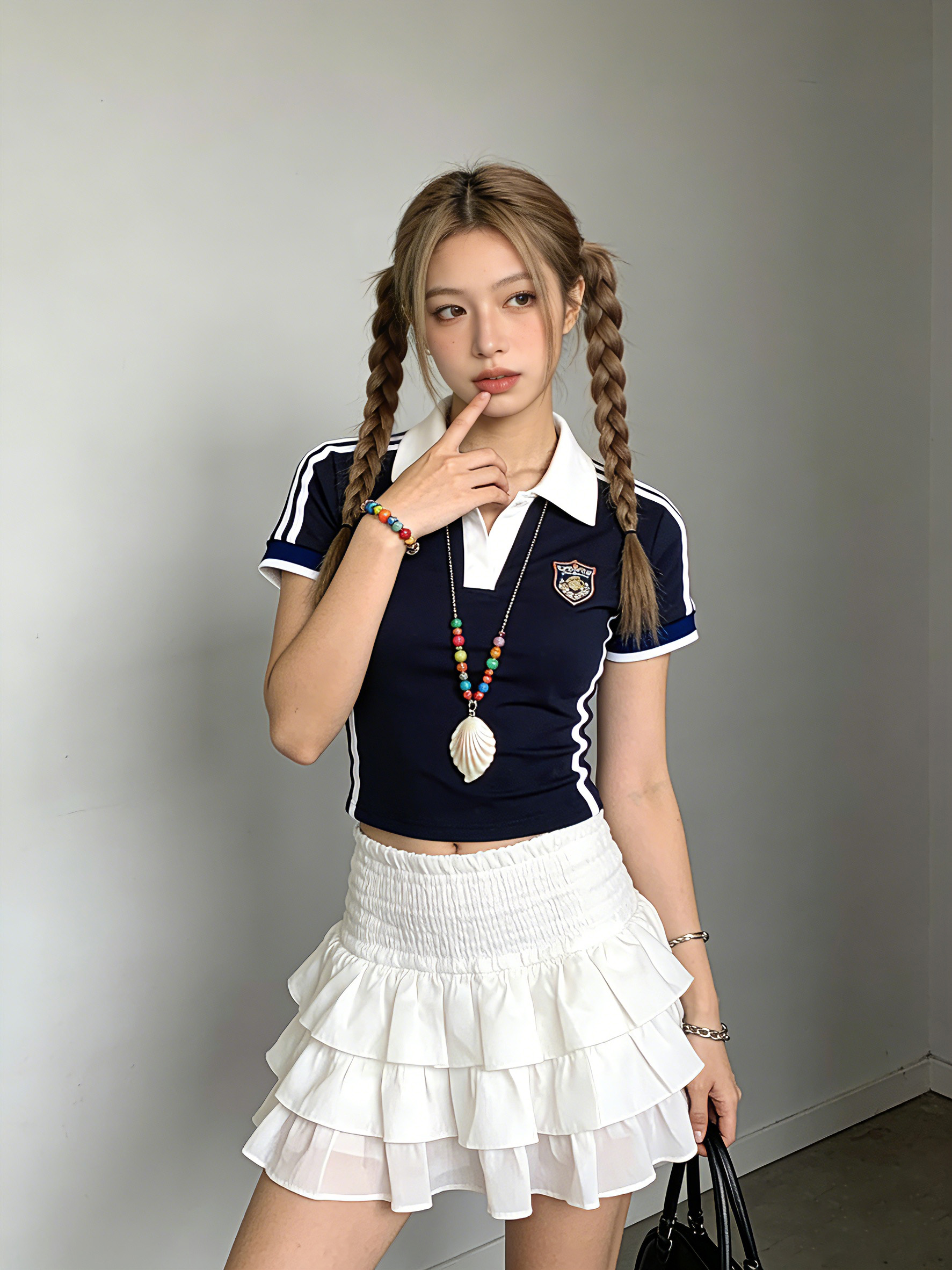 模特原图：双马尾女模特穿校服风服装