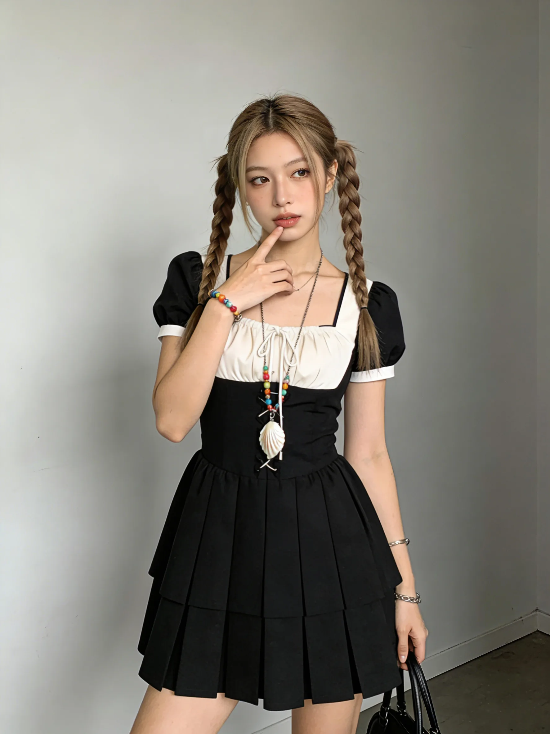 生成效果:裙子1:1复刻,贴合模特身材,质感真实 服装上身效果:模特换穿黑白连衣裙