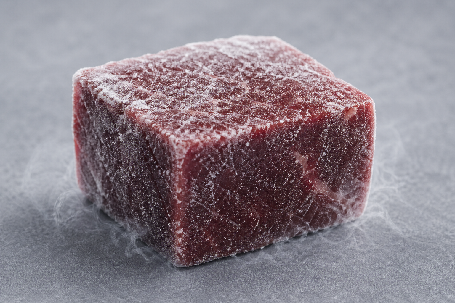 冷冻肉块下方与边缘升起淡淡冷雾，表面薄霜微反光的冷调侧视特写