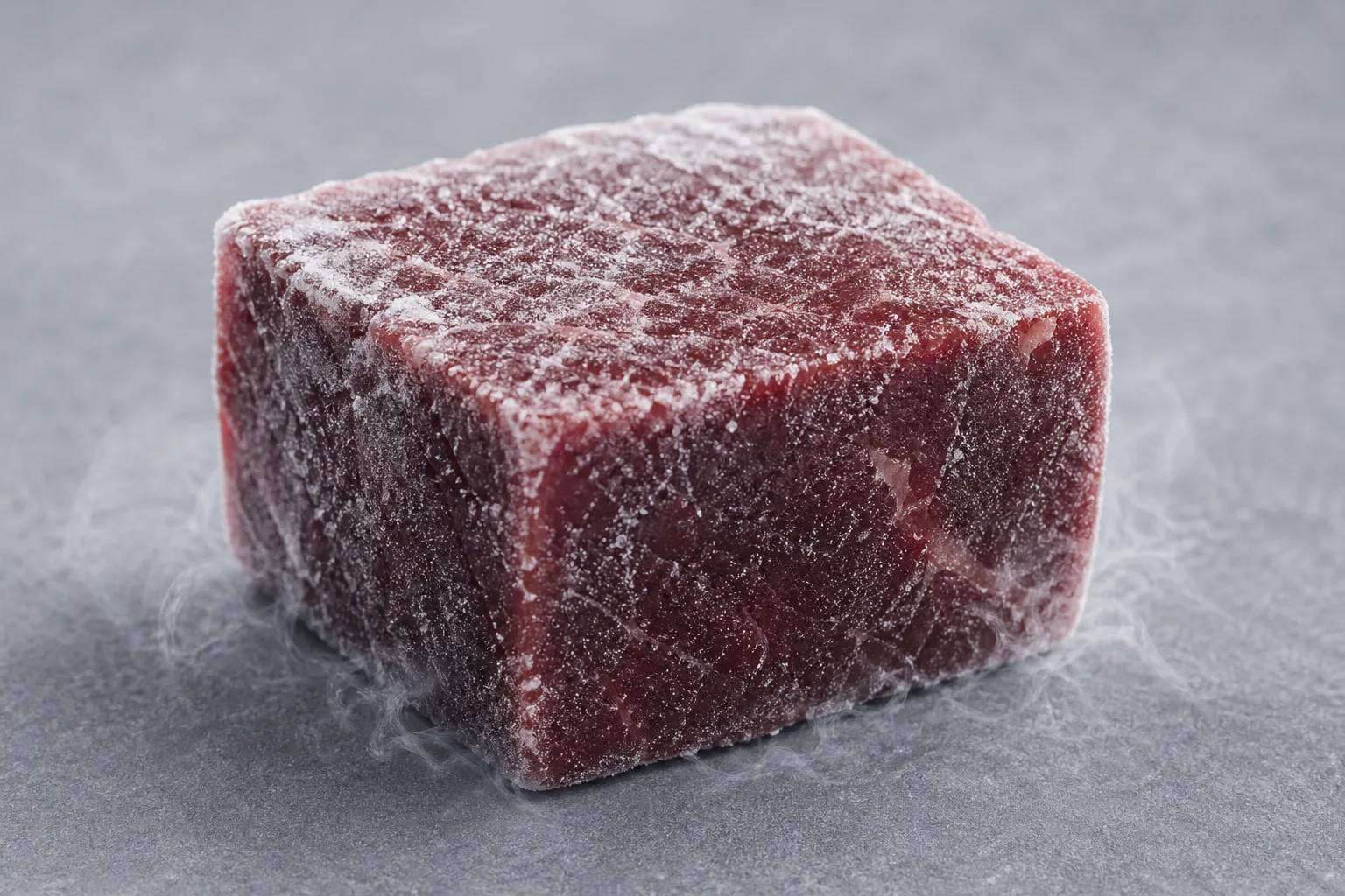冷冻肉块下方与边缘升起淡淡冷雾，表面薄霜微反光的冷调侧视特写