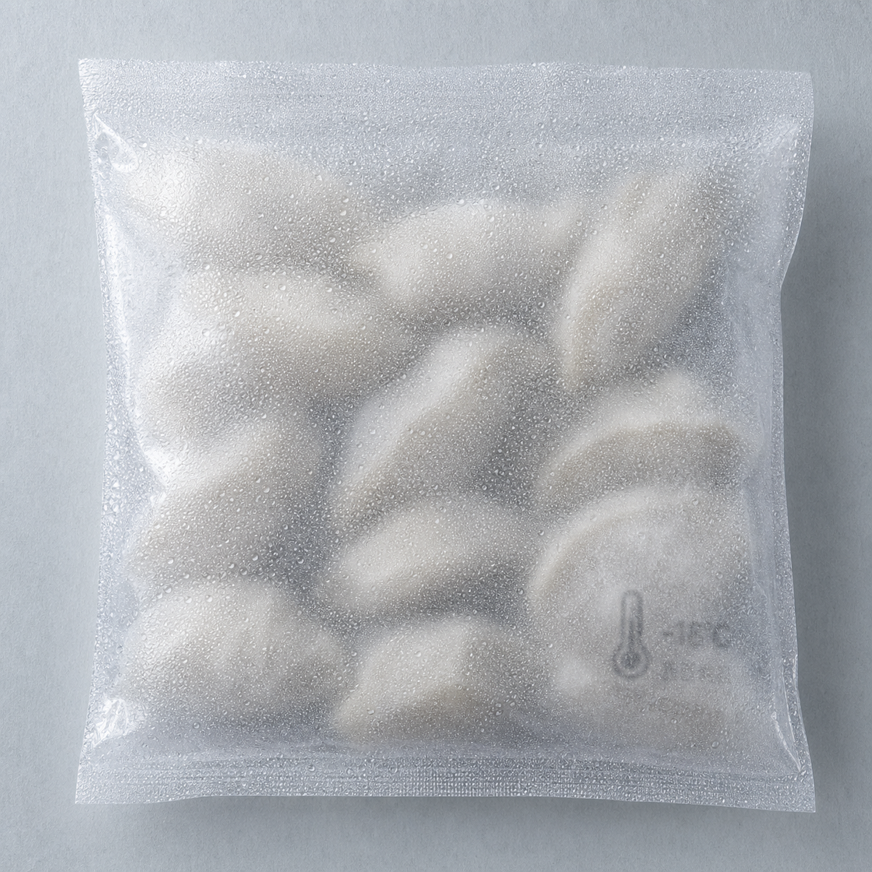 速冻饺子真空袋表面细密小水珠，袋上 -18℃ 标识隐约可见的冷调俯拍