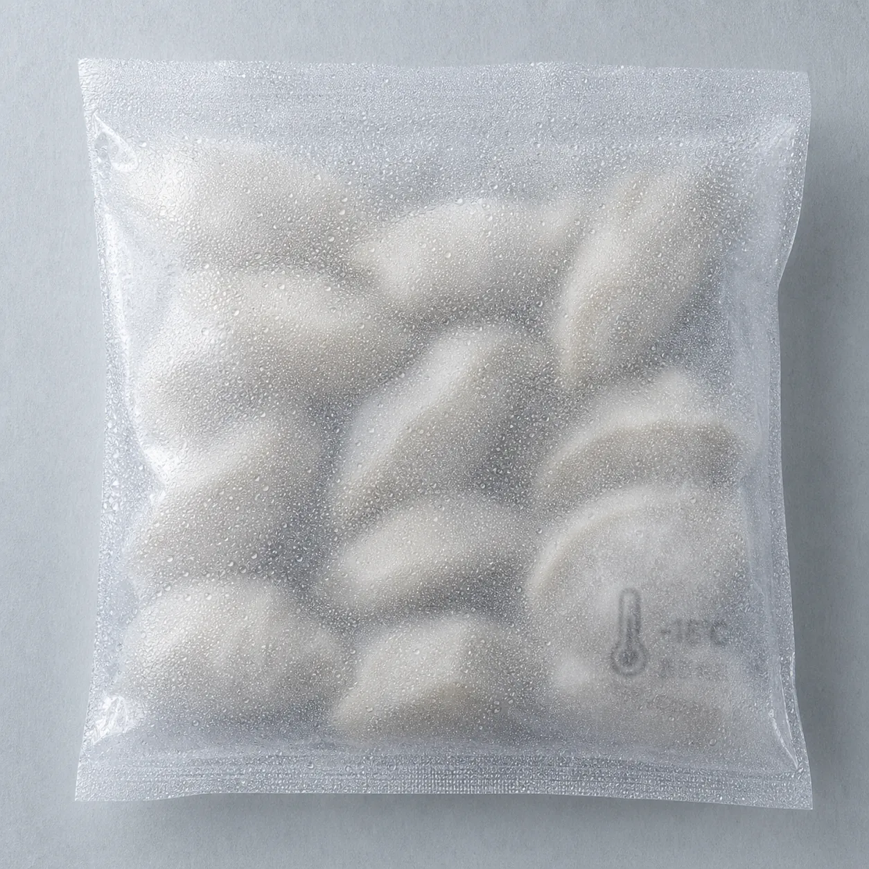 速冻饺子真空袋表面细密小水珠，袋上 -18℃ 标识隐约可见的冷调俯拍