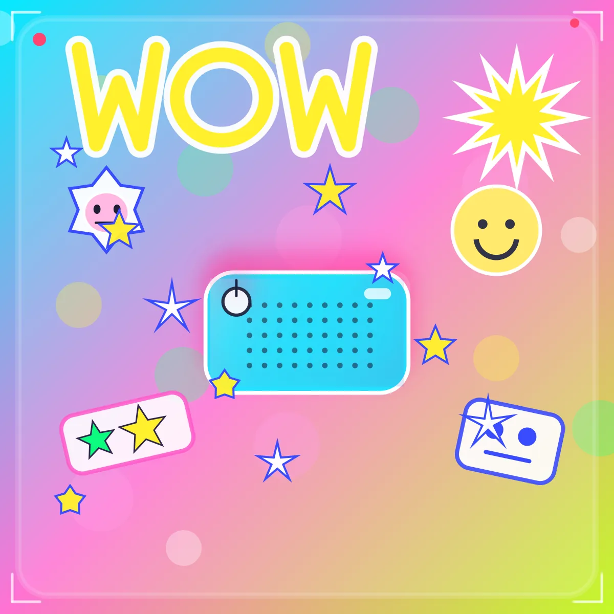 Alpha 风格蓝牙音箱缩略图：高饱和糖果色背景、二次元贴纸围绕、夸张大字 WOW、Vlog 截帧感