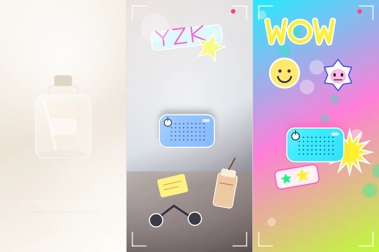 三代审美对比 hero 图：左侧千禧柔光精修香水瓶、中间 Z 世代闪光灯桌面随手拍 Y2K 贴纸、右侧 Alpha 高饱和糖果色二次元贴纸