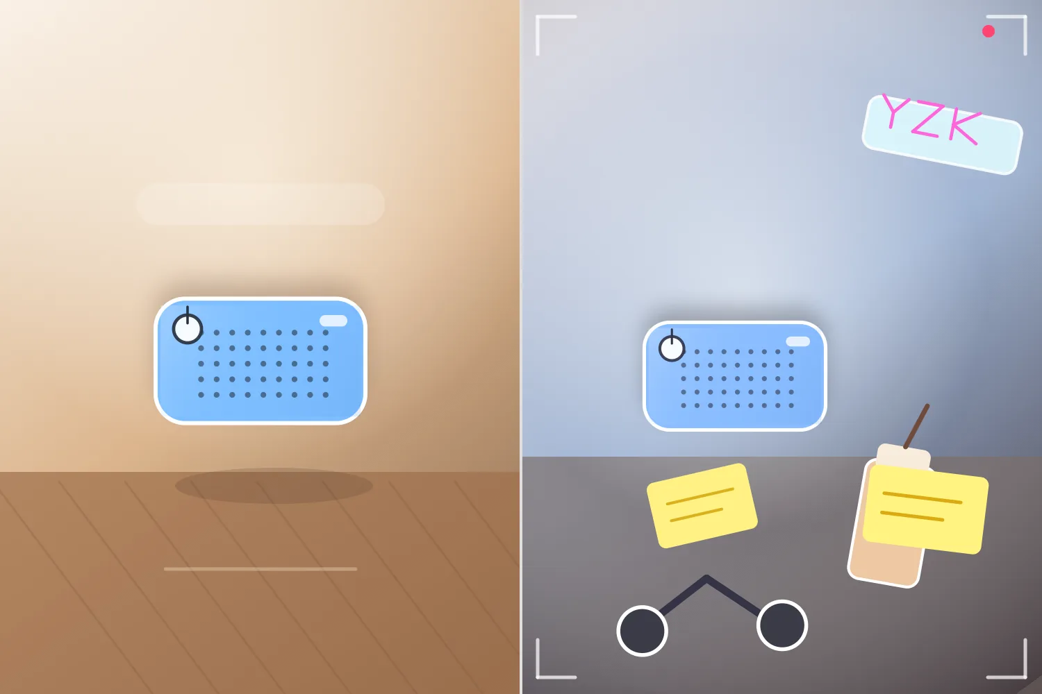 同款蓝牙音箱千禧版 vs Z 世代版对比：左侧木桌暖光精致摆拍、右侧宿舍桌面闪光灯随手拍带杂物