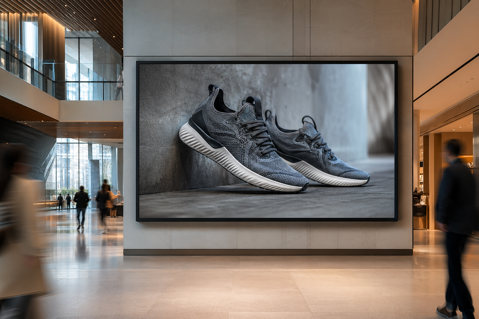商场公共空间大型展示屏远景，运动鞋商品图占据画面，路人剪影