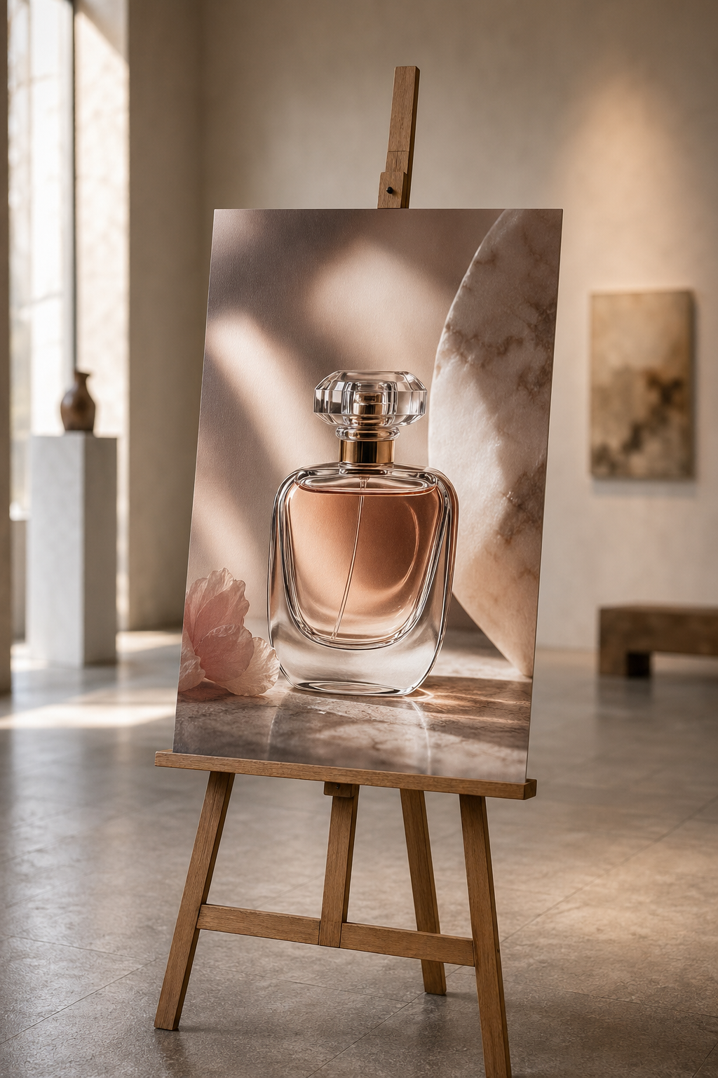 A3 海报立在木质画架上，香水瓶特写印刷质感细节