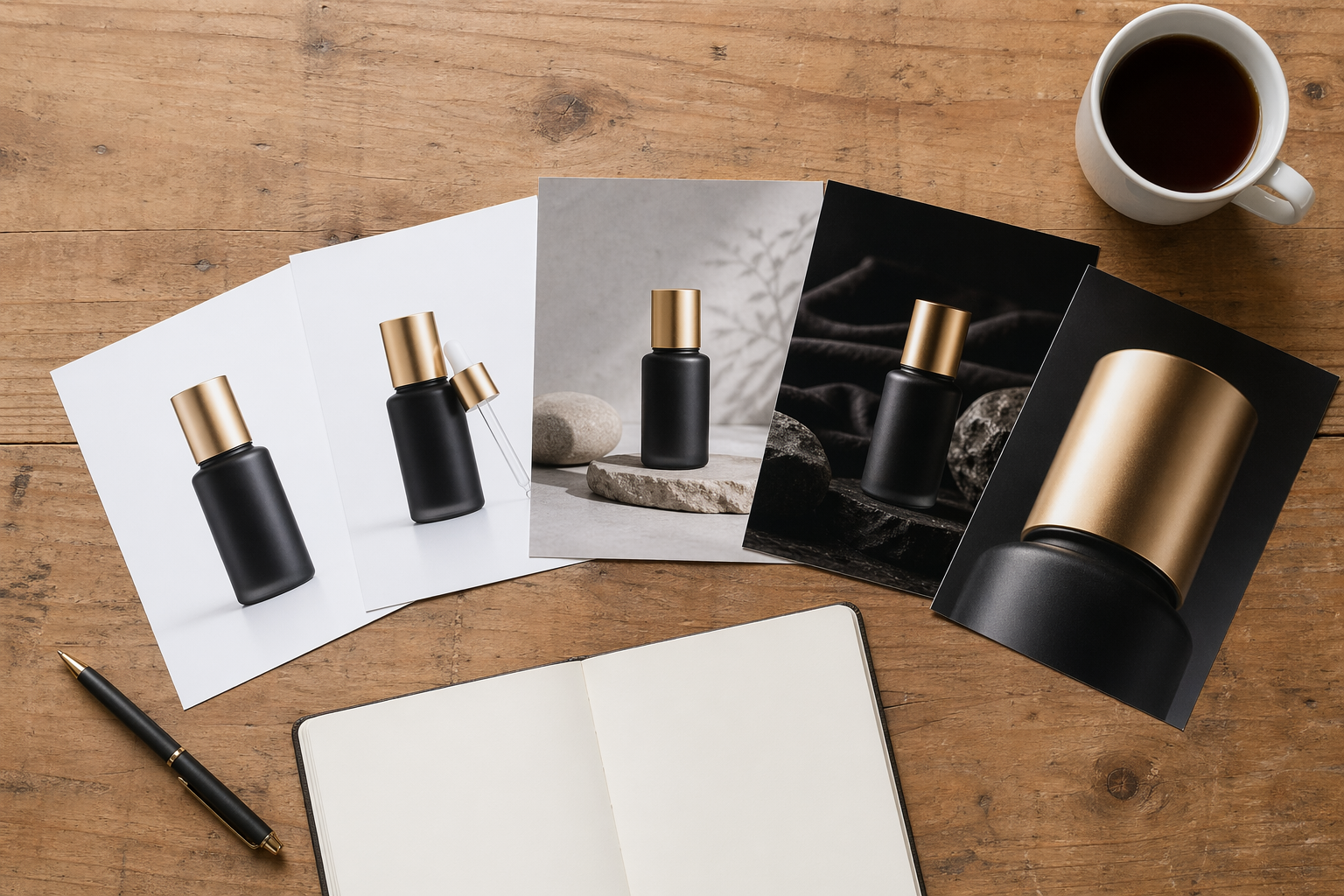 设计师桌面俯拍，5 张印刷出来的商品样图呈扇形展开，周围散落设计笔和咖啡杯