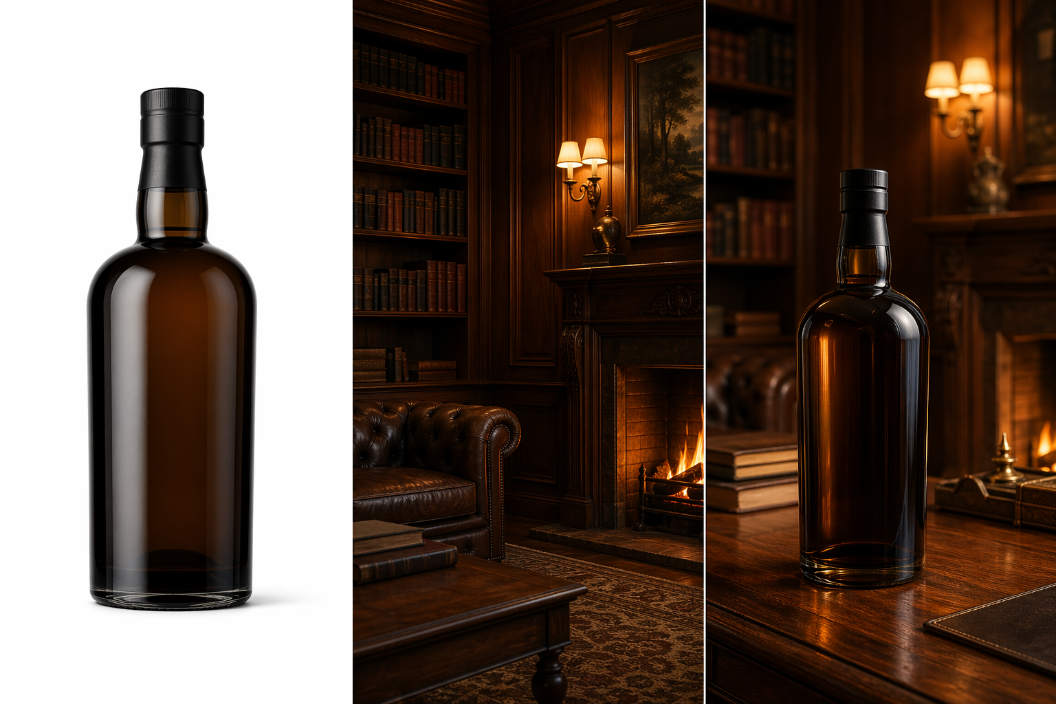 左中右三联图，同一瓶威士忌从白底商品图到老式书房场景再到融合成品
