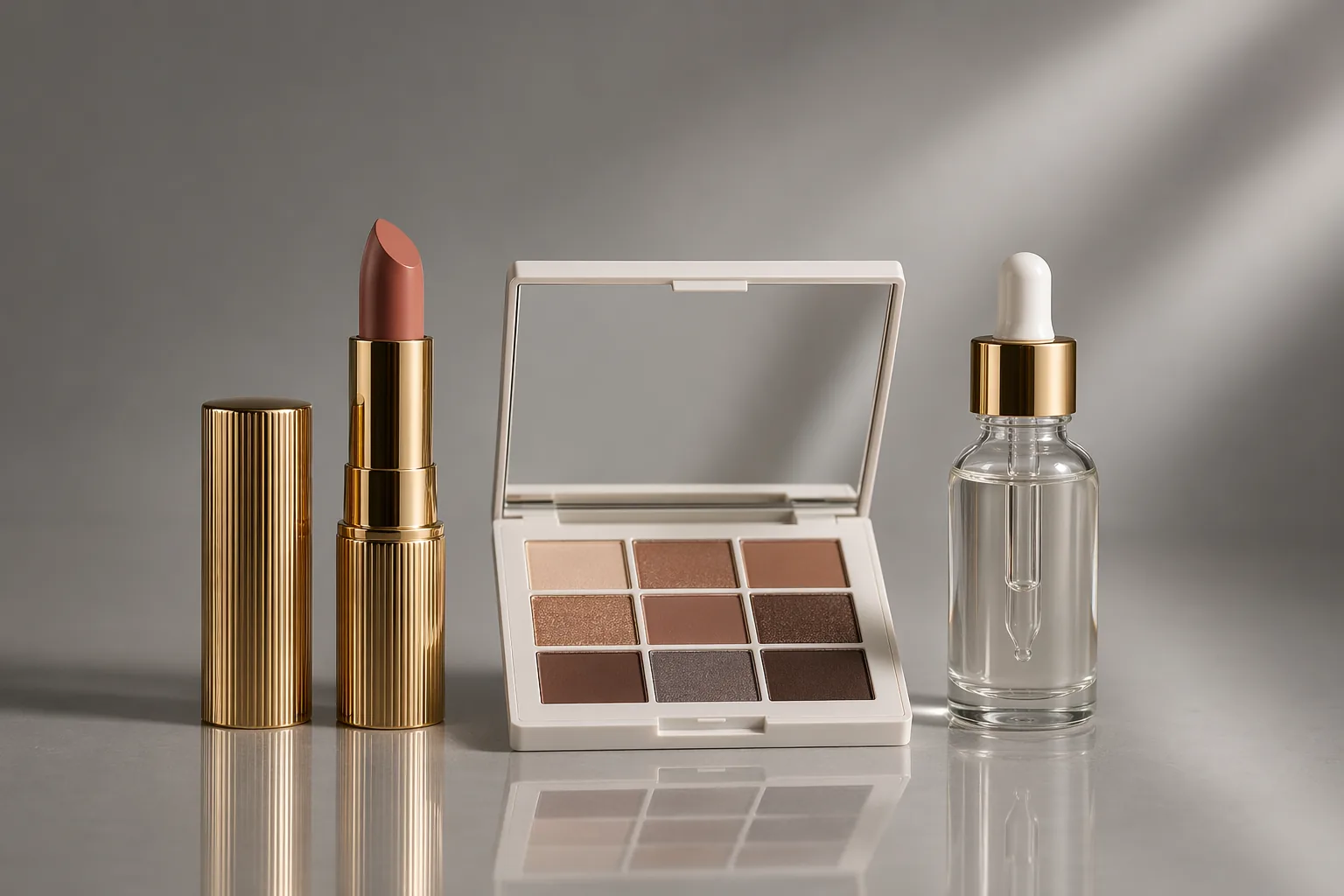 商业摄影棚中口红眼影盘和精华瓶三件美妆产品并排摆放的高端品牌感特写