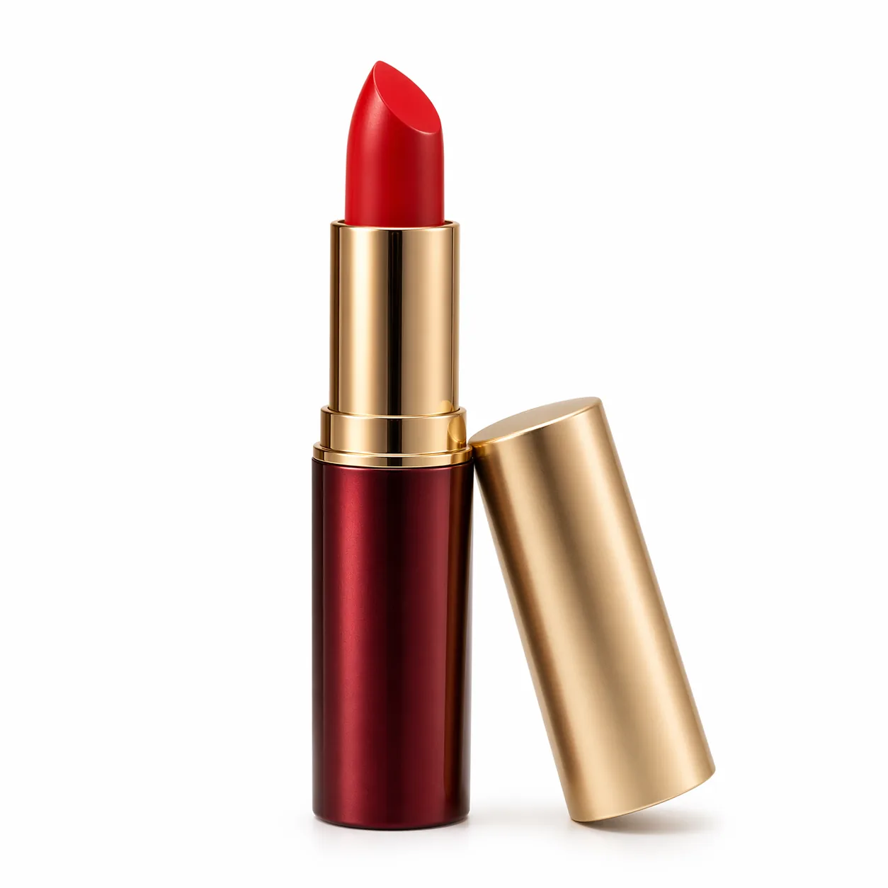 白底商业主图风格的金属管身口红斜倚展示