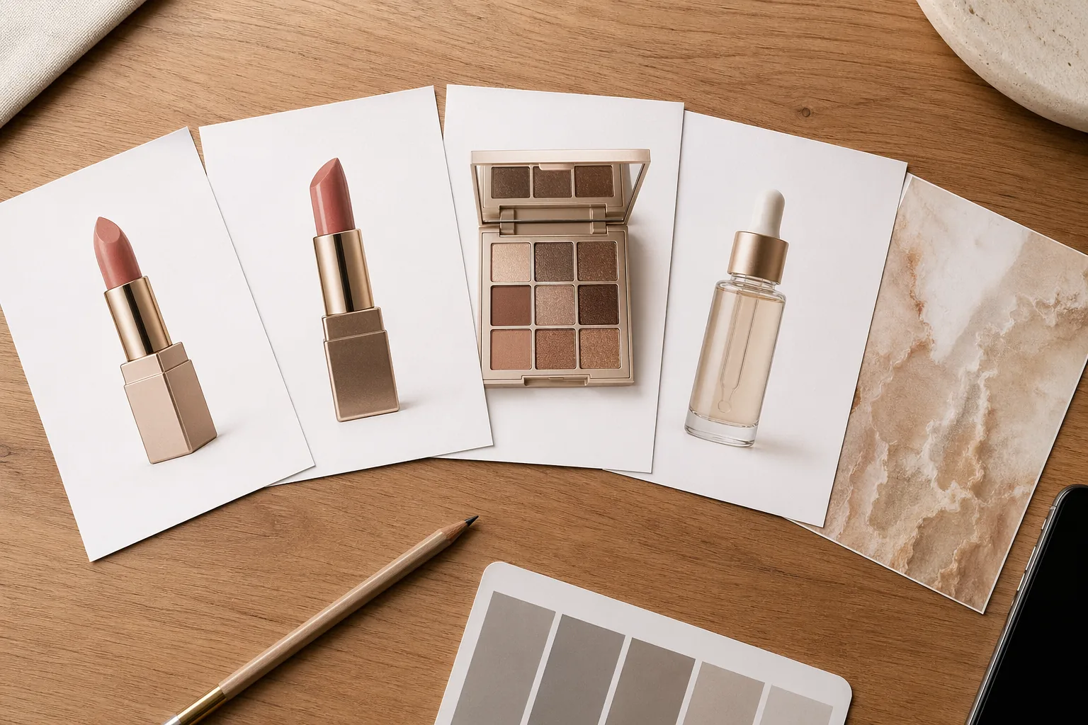 设计师桌面五张美妆参考图扇形平铺