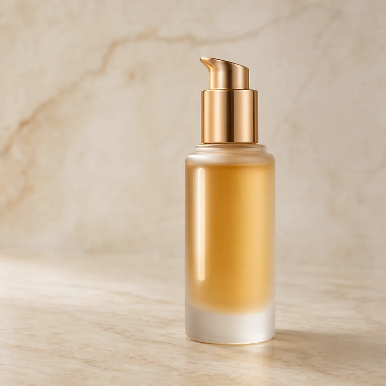 护肤精华玻璃瓶在米色大理石纹背景上的可控高光商摄图
