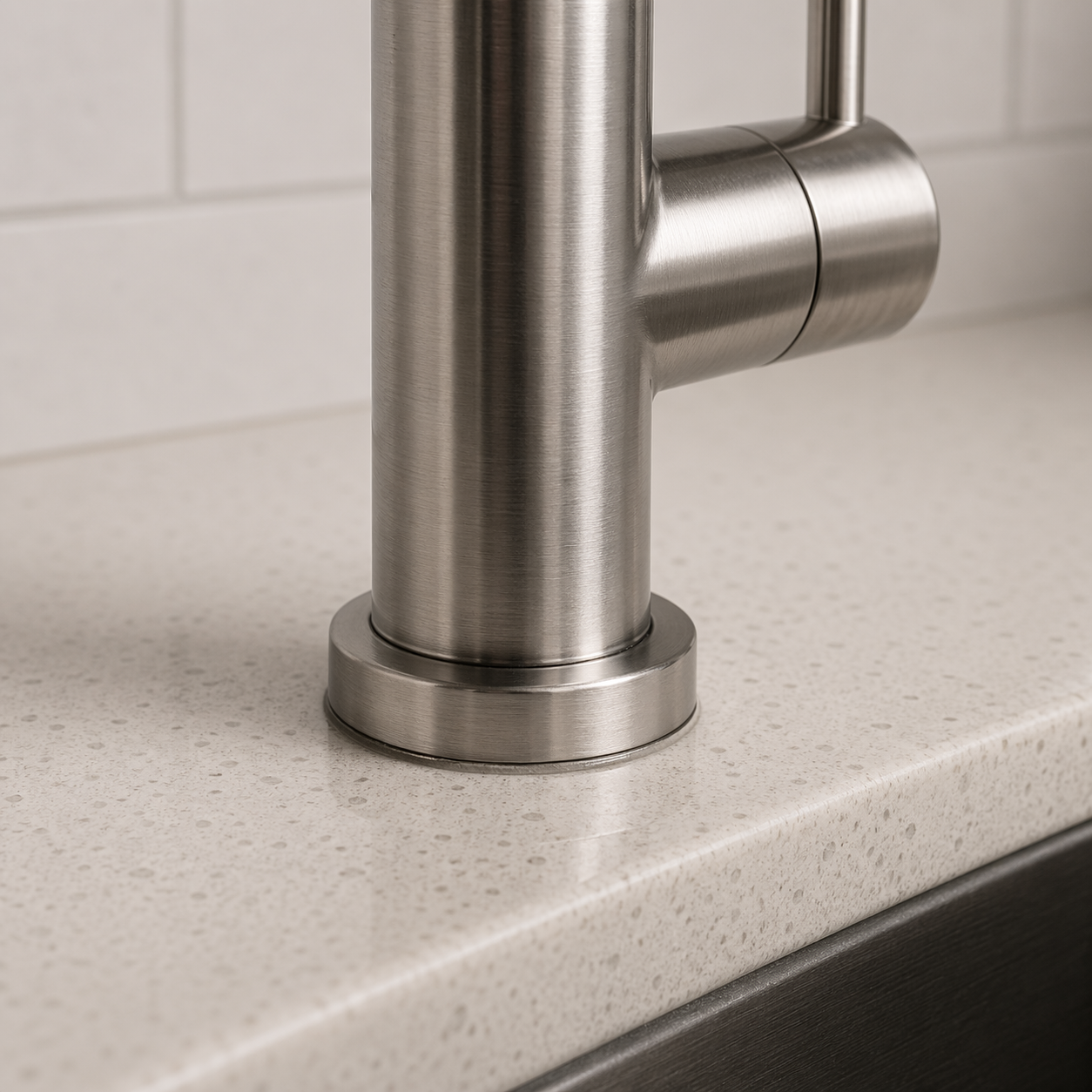 厨房水龙头装配近景，拉丝不锈钢质感配石英石台面，底座有合理安装压痕和细微接触阴影