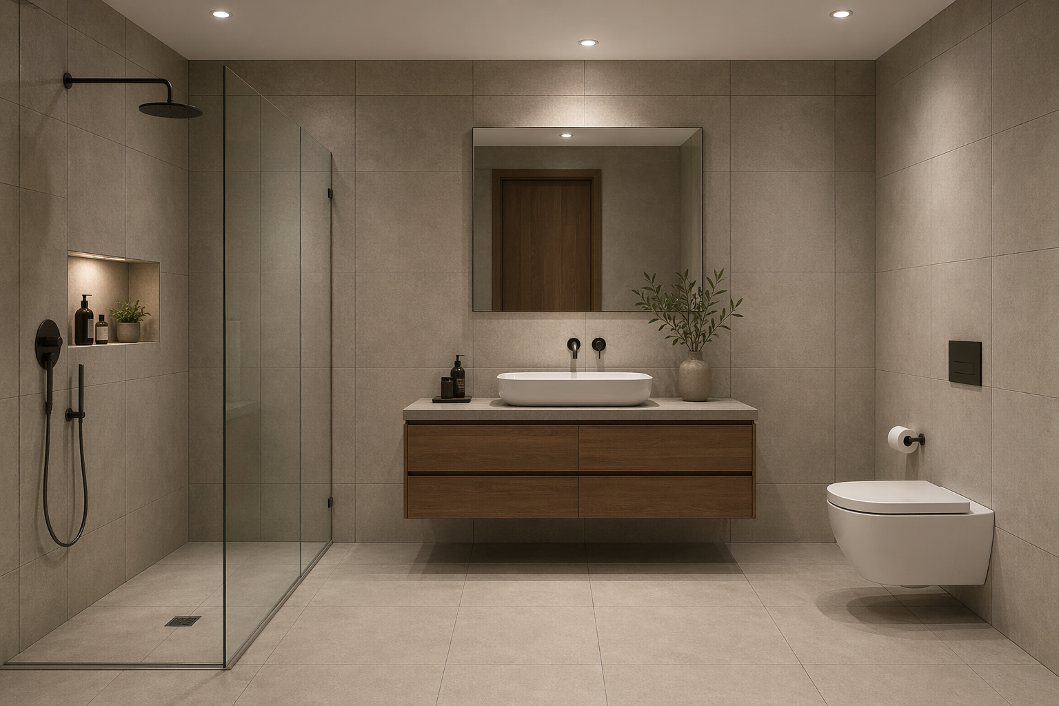 卫生间墙地面瓷砖铺贴完成效果，米灰色哑光砖配深灰窄缝，顶部嵌入式筒灯柔和照射